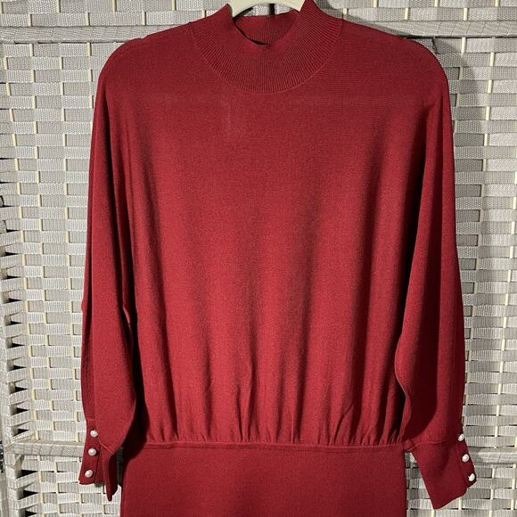 Ann Taylor Mock Neck Blouson Sweater Dress Size L Red Pearl Button Cuffs NEW - Picture 3 of 11